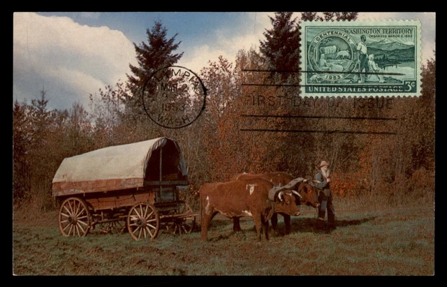 MAYFAIRSTAMPS US FDC 1953 WA Centennial Oxen Covered Wagon Maximum