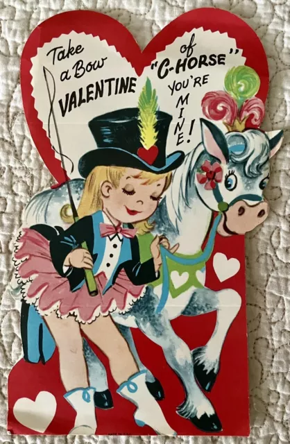 Unused Valentine Girl Decorate Horse Show Take Bow Large Greeting Card 1960s