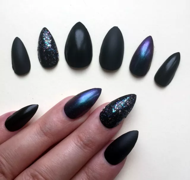 Hand Painted False Nails STILETTO (or ANY SHAPE) Black Matte/Gloss Halloween UK