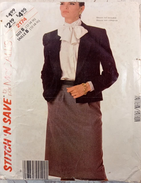 McCALLs 2174 Vtg 80s SUIT Jacket lined Skirt straight 12 14 16 UNCUT Sew Pattern
