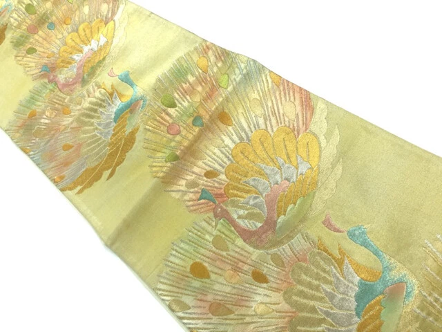 6382868: Japanese Kimono / Antique Fukuro Obi / Woven Peacock