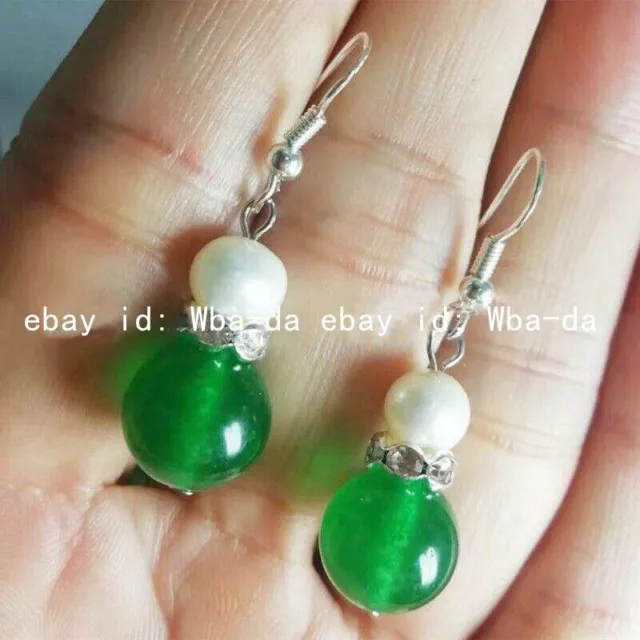 6-7mm White Freshwater Pearl & 10mm Green Jade Round Gems Bead Earring Handmade