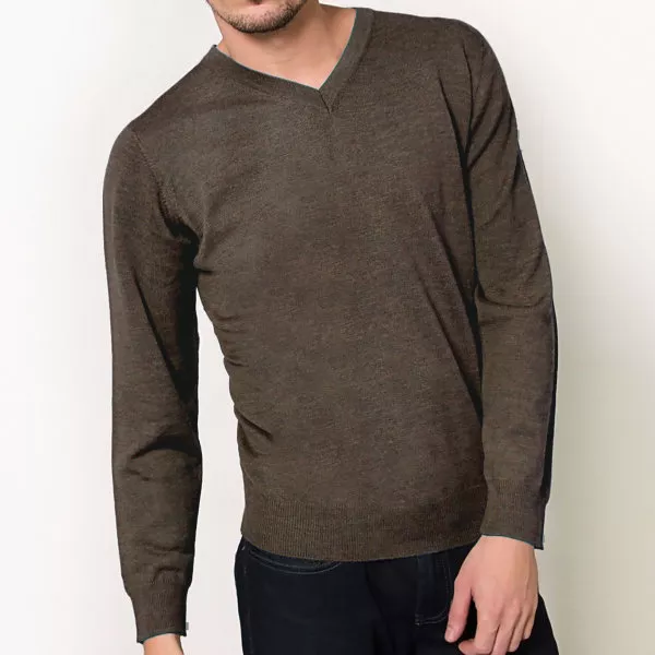 Mens 100% Pure Merino Wool V Neck Sweater Jumper Knit Machine Washable Heather