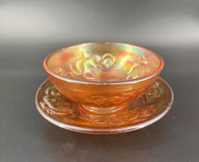 Marigold Fenton Carnival Glass Childrens Kittens Pattern Cereal Bowl Saucer Set