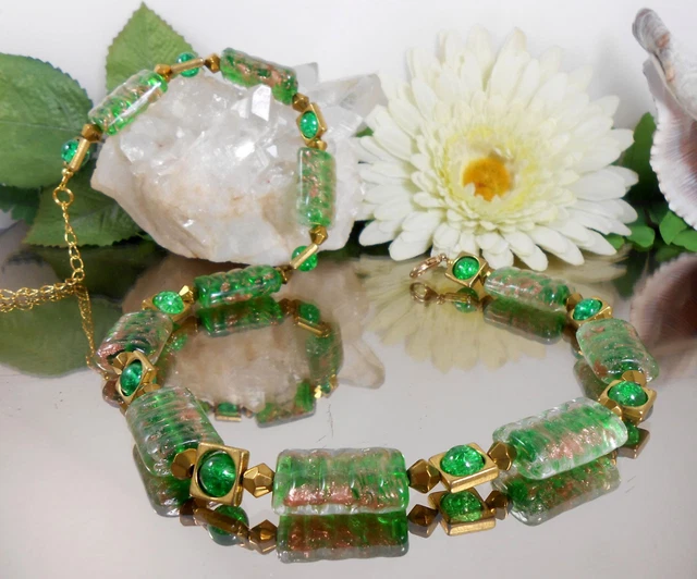 2er SET Collier + Ohrringe / GLAS Perlen GRÜN Goldsand + Crackle Glas / ML 51 cm