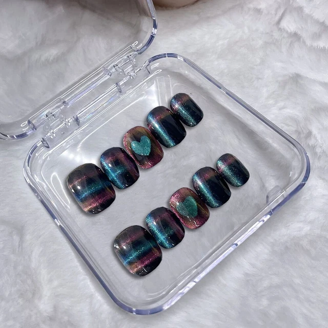 Hecho a mano uñas falsas aurora ojo de gato prensa cuadrada en uñas para arte en uñas 10 piezas