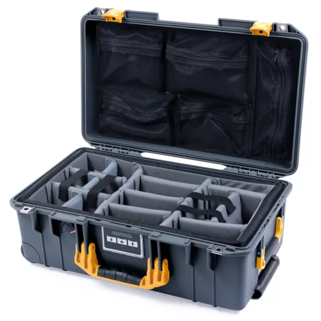 Charcoal & Yellow Pelican 1535 Air case. With dividers & mesh lid organizer.