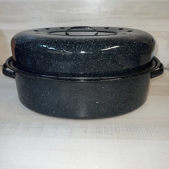 VINTAGE SPECKLED ENAMELWARE Roaster Pan w/ Dome Lid Extra Large Oval