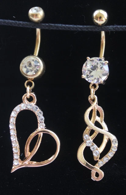 Elegant Gold Heart Crystal Gem Dangle BELLY NAVEL Body Piercing Jewelry Bar Ring