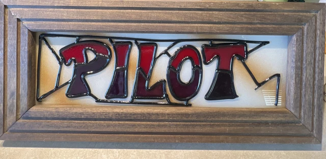LEADED STAINED SLAG GLASS window Framed - PILOT Sign - 15" X 6.5” Ooak