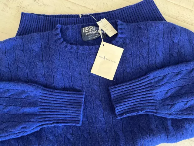 NEW 90s Vtg Polo by Ralph Lauren Blue 100% Cashmere Cable Knit Sweater Large