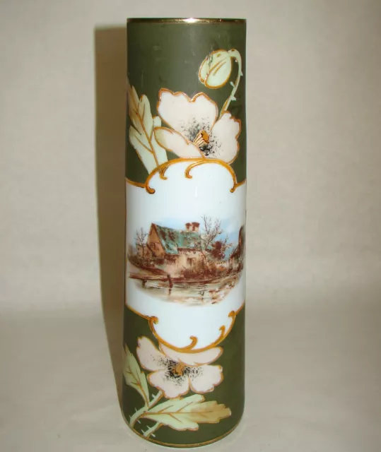 Victorian Art Nouveau Opaque Glass Vase Handpainted Enamel Poppies Landscape 12"