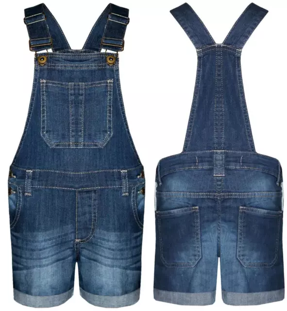 Kids Girls Denim Jeans Dungaree Short Length Celeb Pinafore Jumpsuit Short Dress