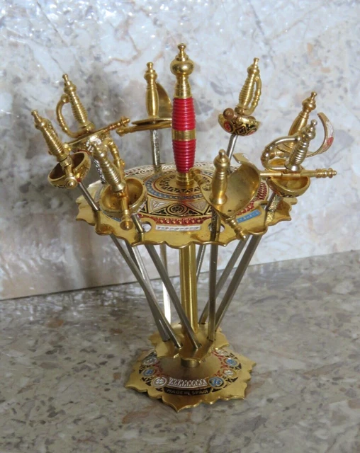 VTG 1960s Toledo Spanish Miniature Sword Brass Cocktail Olives Picks Stand MCM