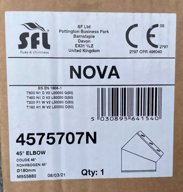 SFL Nova SM Twin Wall Chimney Flue 45° Degree Elbow Ø 180mm 4575707N New