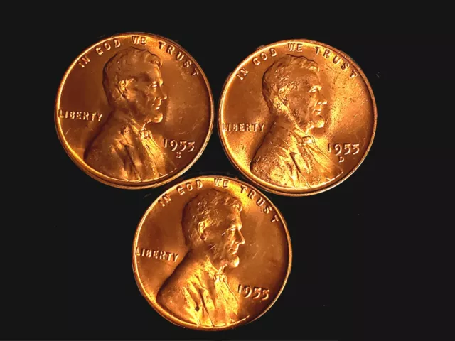 1955  Pds  Lot 3 Lincoln Wheat Pennies Cent Bu Red Gem Unc