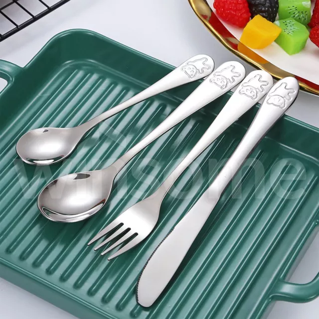 4Pcs Bear Kids Cutlery Set Stainless Steel Children Knife Fork Spoon Teaspoon