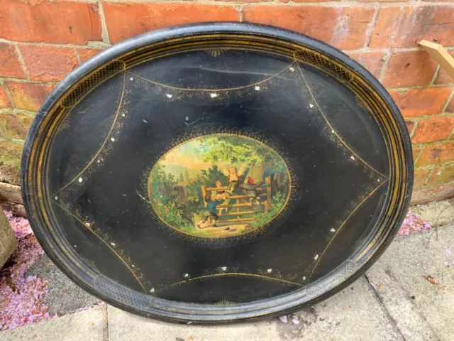 Georgian Regency Antique Papier Mache Tray 19th Century Rare Huge Size Inlaid