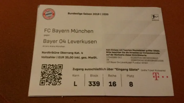 Used Sammler Ticket FC Bayern München - Bayer 04 Leverkusen 1. BL 29.11.19 Gäste
