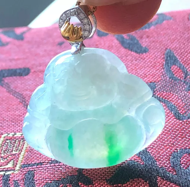 Certified Grade A Jadeite Jade Icy Green Buddha Pendant 18K Gold Setting Undyed