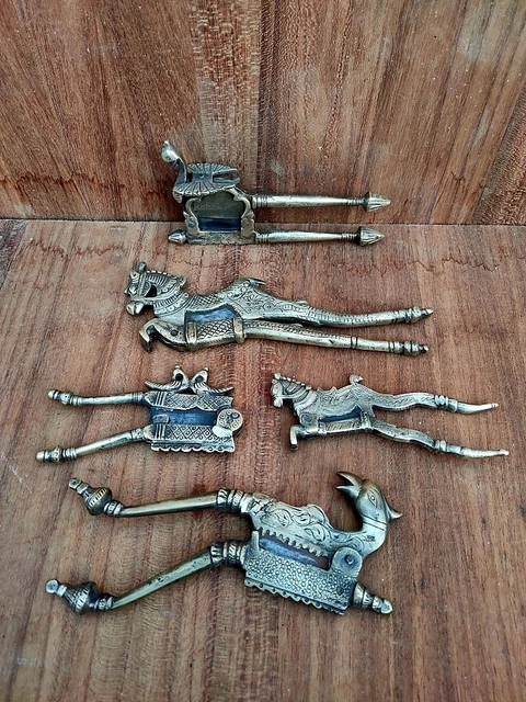 Old brass betel nut cutter fine horse peacock bird parrot carved nut cutter 5 pc