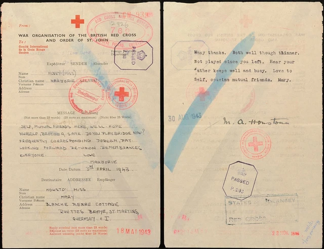 12117) Rotkreuz-Nachrichten Brief 3.4.43 England nach Guernsey Antwort 30.8.43