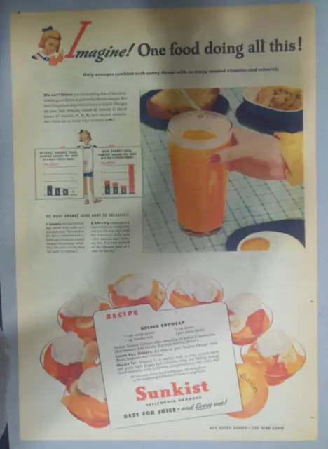 Sunkist California Oranges Ad: Imagine One Food ! 1940's Size: 11 x 15 inch 2