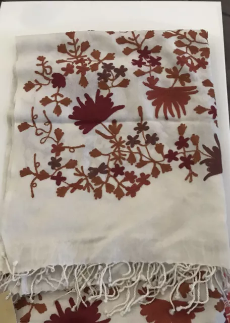100%Wool Shawl With Fringe Crewel Embroidered 28"x 70” Floral Chestnut