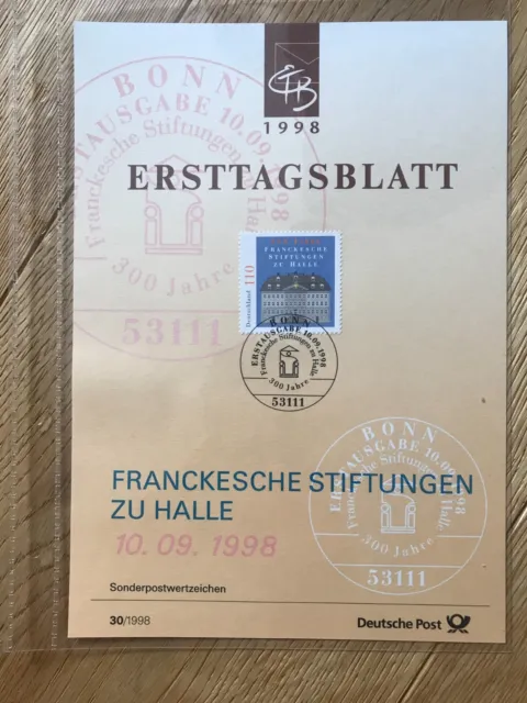 Ersttagsblatt 300 Jahre Franckesche Stiftungen zu Halle 2011 ETB 30/1998