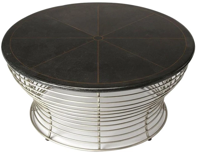 Coffee Table Cocktail Hourglass Base Distressed Black Silver Brown Metalworks