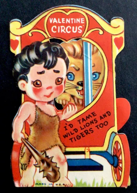 Vtg diecut fold open valentine boy says I’d tame wild lions and tigers #b3