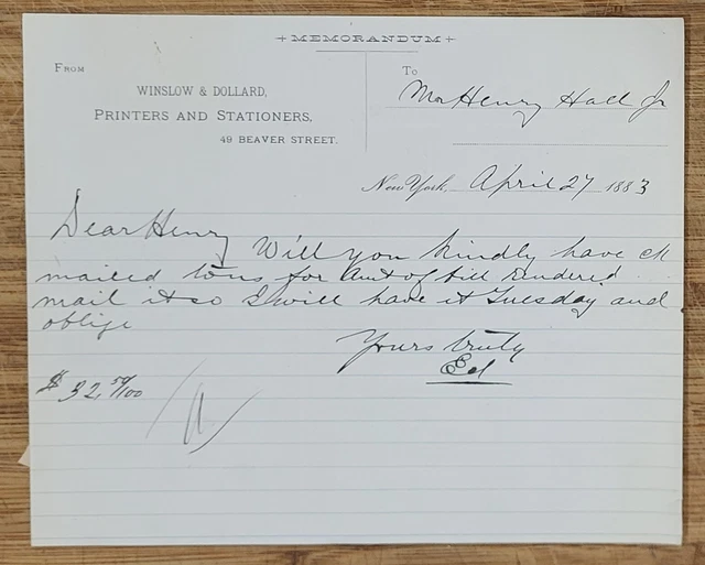 1883 Letterhead New York City Winslow & Dollard Printers and Stationers