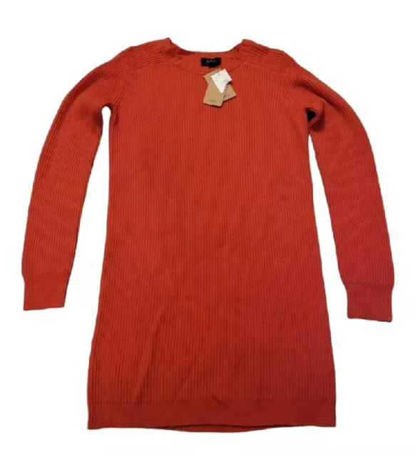 NWT A.P.C. Women Orange Cashmere Wool Ribbed Crewneck Sweater Dress Large