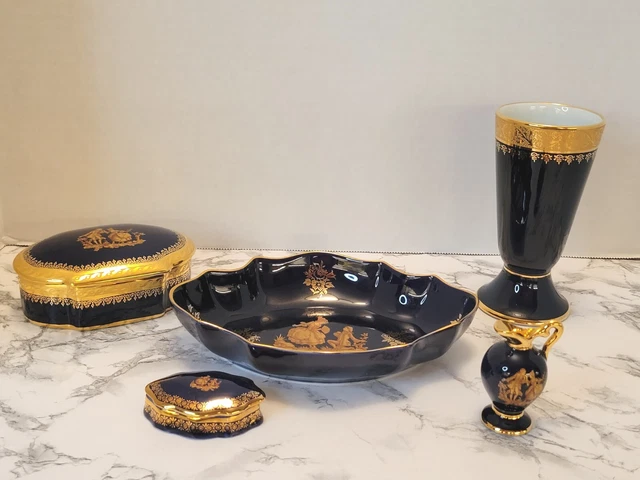 Vntg Limoges Vanity Collection 22k Gold & Cobalt Trinket Boxes Bowl Glass Ewer