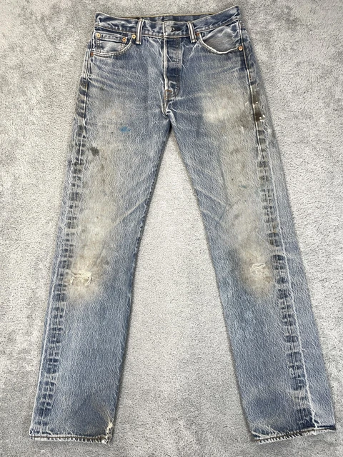 LEVIS 501 JEANS Mens 30x33 Blue Button Fly Distressed Paint Stains