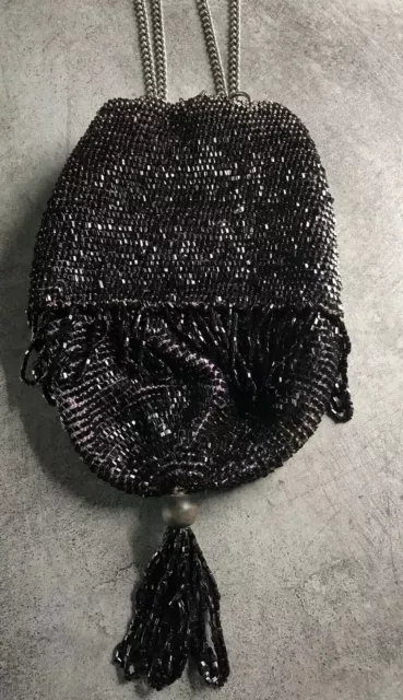 Ancienne BOURSE Sac Minaudière de Main à Frange Perles Et Chaine Métal - Mode