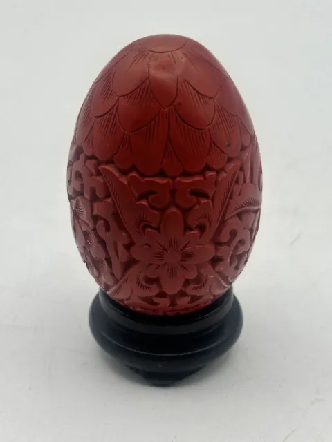 Cinnabar Hand Carved Egg 2.5” With Wooden Stand Vintage 1990’s