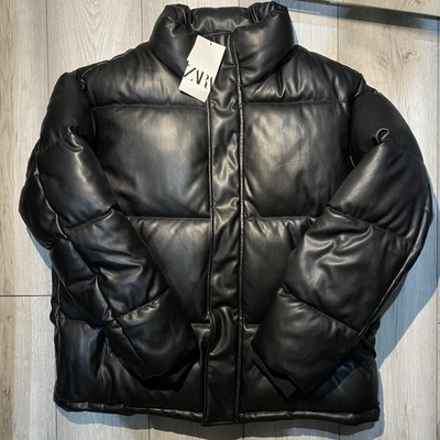 ZARA MEN'S BLACK faux leather puffer 