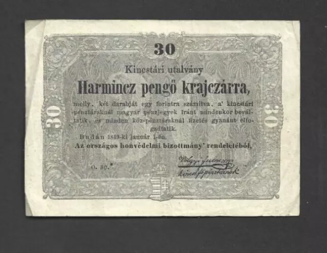 30 Pengo Kreutzer Fine  Banknote From Hungary 1849  Pick-S122  Rare