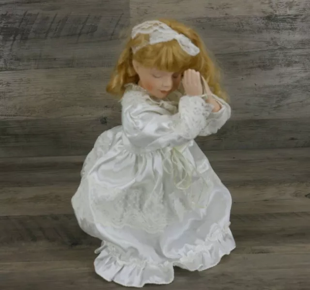 Vintage Porcelain Little Girl Doll Praying in Lace White Gown