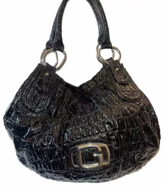 Big GUESS BLACK SHINY Patent LEATHER SHOULDER BAG Faux CROCODILE Purse Logo Y2K 2