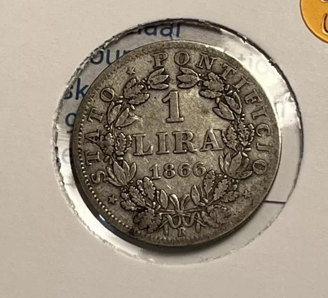 1866 Papal States 1 One Lira Silver Pope Pius Ix Coin