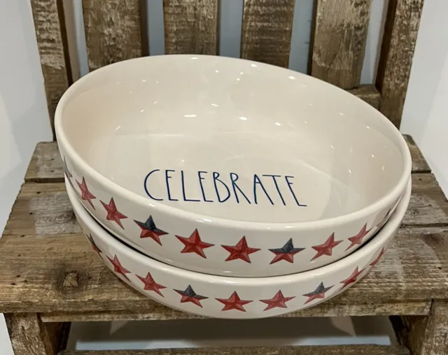 Rae Dunn Set of TWO 8" White, Red Blue Ceramic Pasta Bowl “Celebrate” July 4th