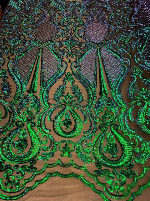 By Yard/ 4 Way Stretch Sequins Fabric/ Embroidered Mesh Lace Iridescent Green