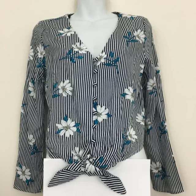 One Clothing Blue White Stripe Floral Long Sleeve Tie Front Top Women's Size S