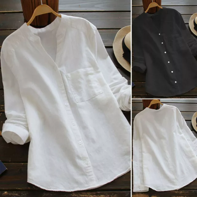 NEW Womens Cotton Linen Tunic Tops Ladies Solid Long Sleeve Button Down Shirt Bl