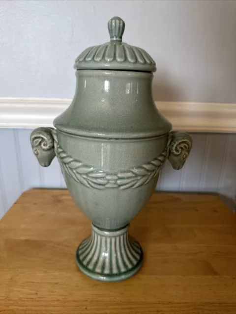 Vintage Asian Celadon Green Porcelain Crackle Lidded Vase/Jar Ram Head Handles