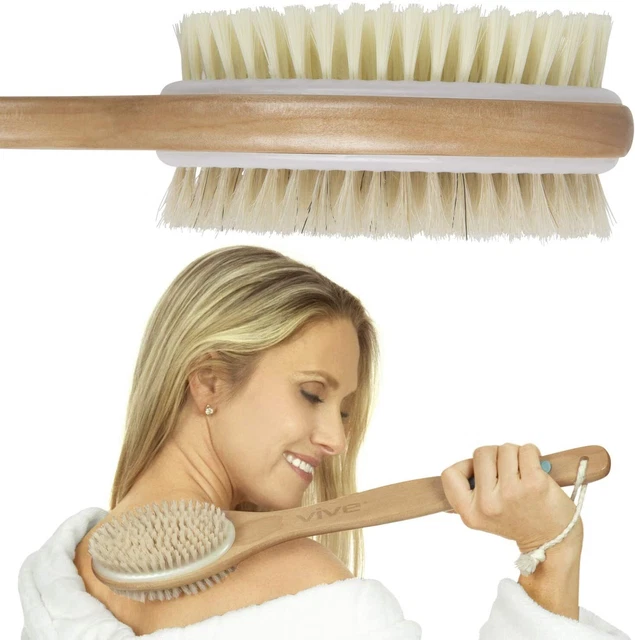 Vive Back Scrubber Brush for Shower - Dry or Wet Body Brushing Dark Wood