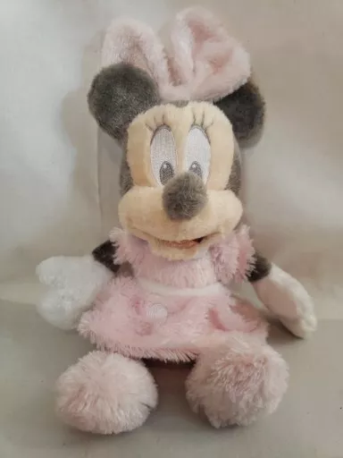 Disney Plush Pink Baby Minnie Mouse Dress Pastel Grey Soft Sits At 9" Rattles