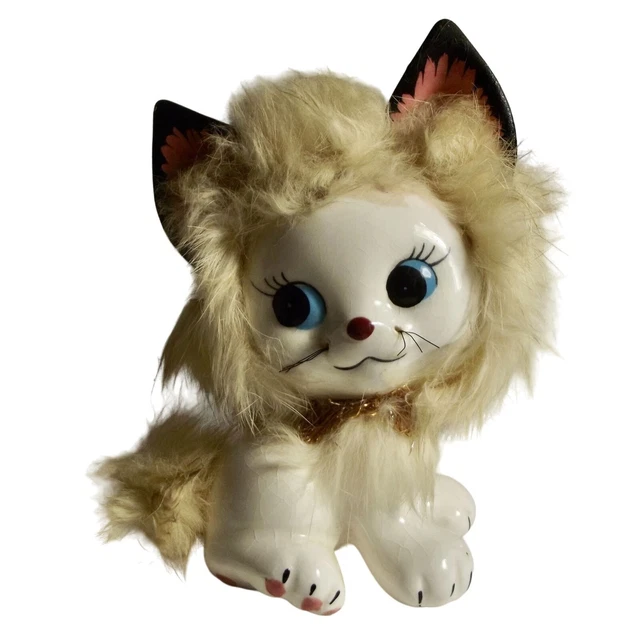 Kitty Cat Figurine 1950s kitsch eyelash with fluffy real fur whiskers 5-3/8" mcm